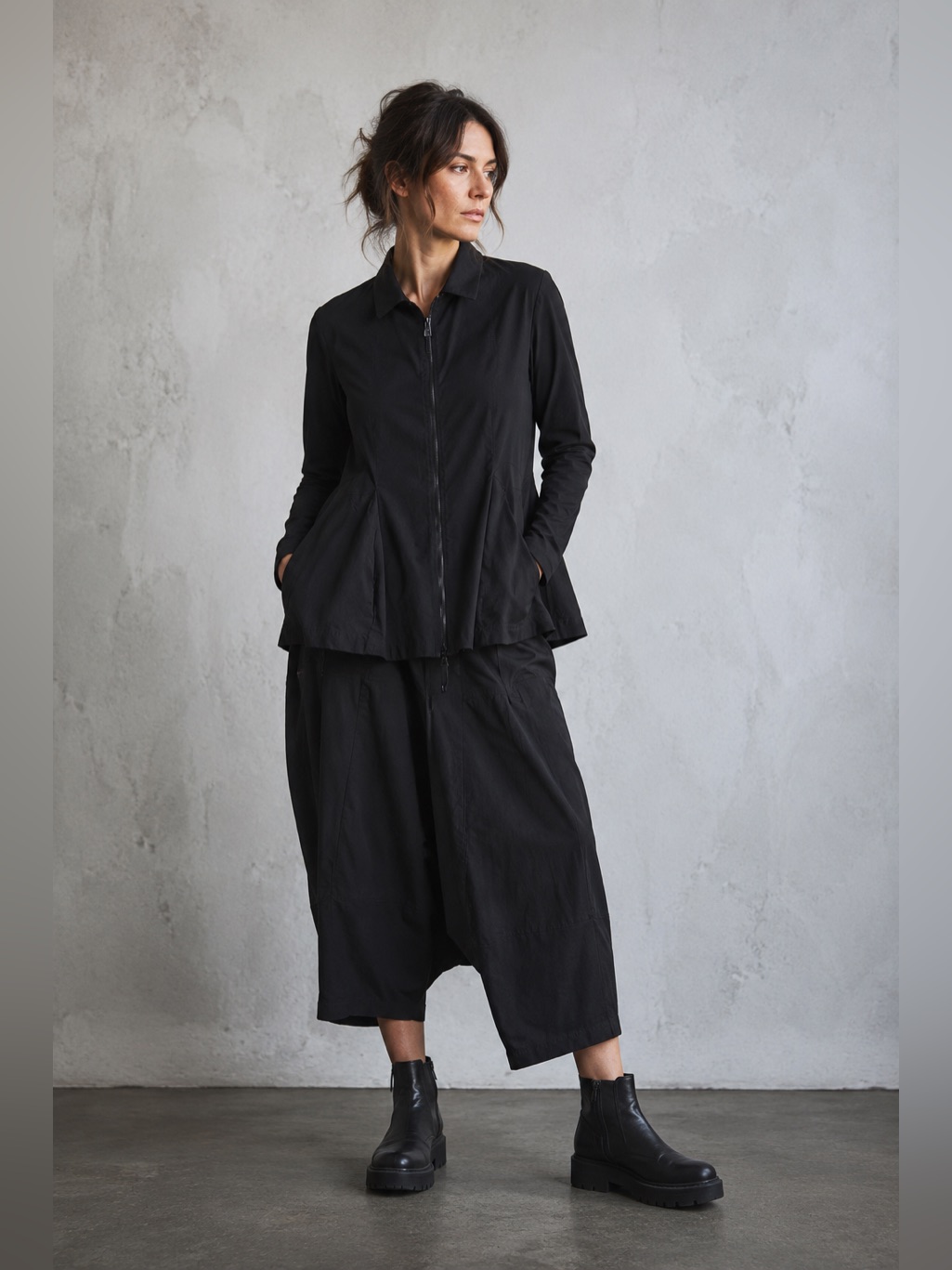 Rundholz Black Stretch Zip Front Jacket Size M Avant Garde Peplum Hem